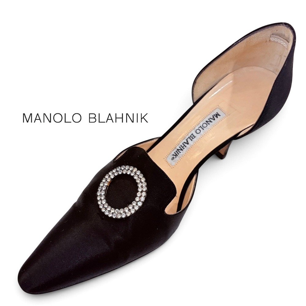 Manolo Blahnik Size 37 Black Satin Crystal Buckle D'Orsay Pointed Toe Heels